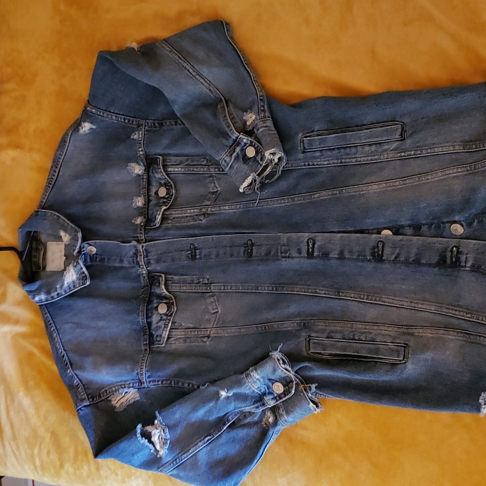 Zara longline distressed graffiti denim jacket